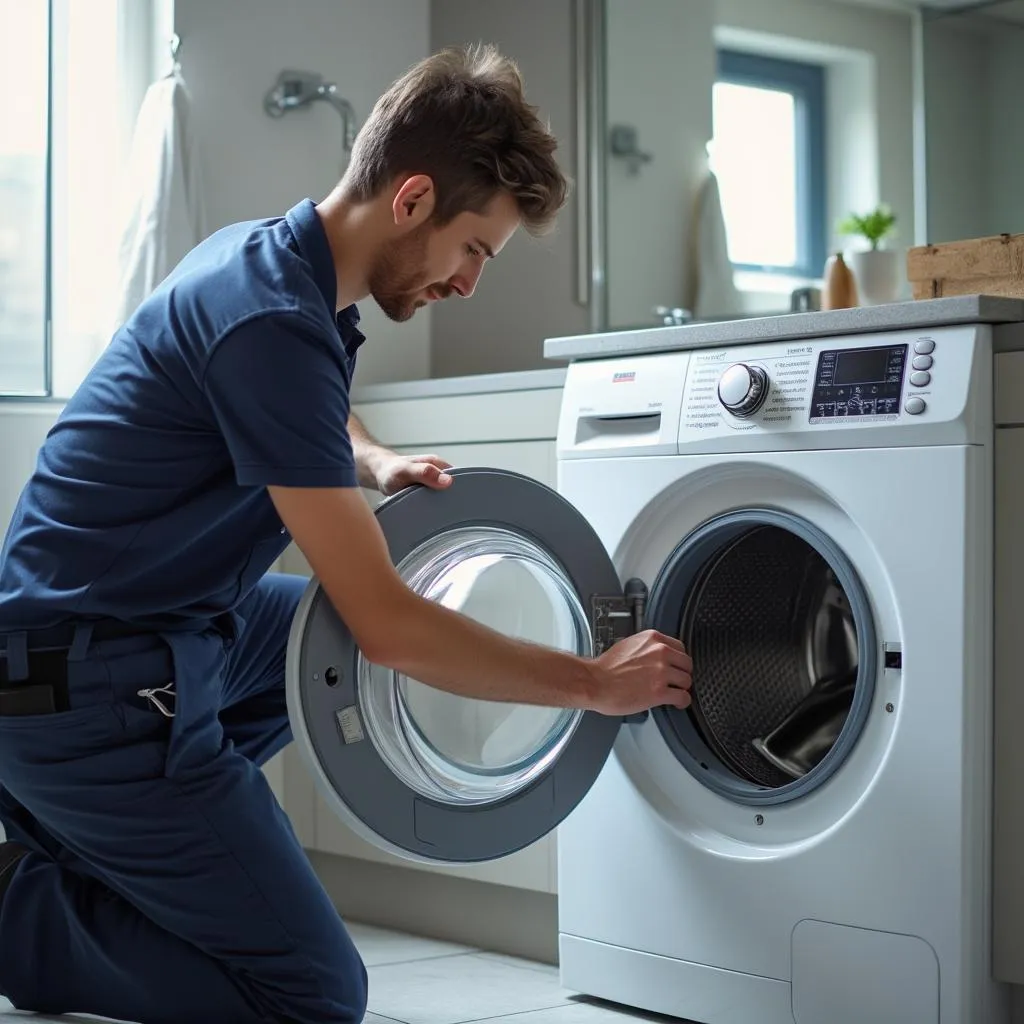 Technik opravuje práčku v kúpeľni zákazníka