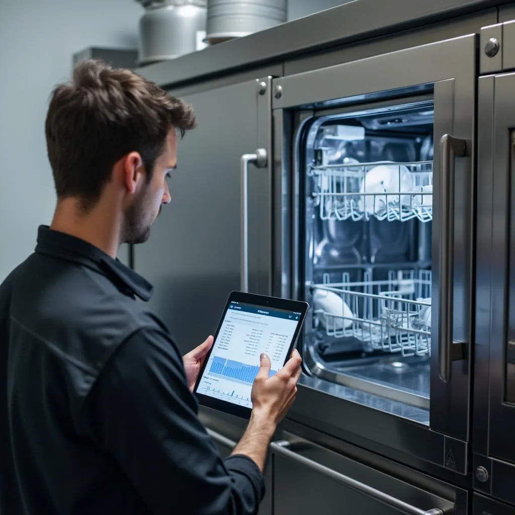 Technik diagnostikuje problém s umývačkou riadu pomocou tabletu