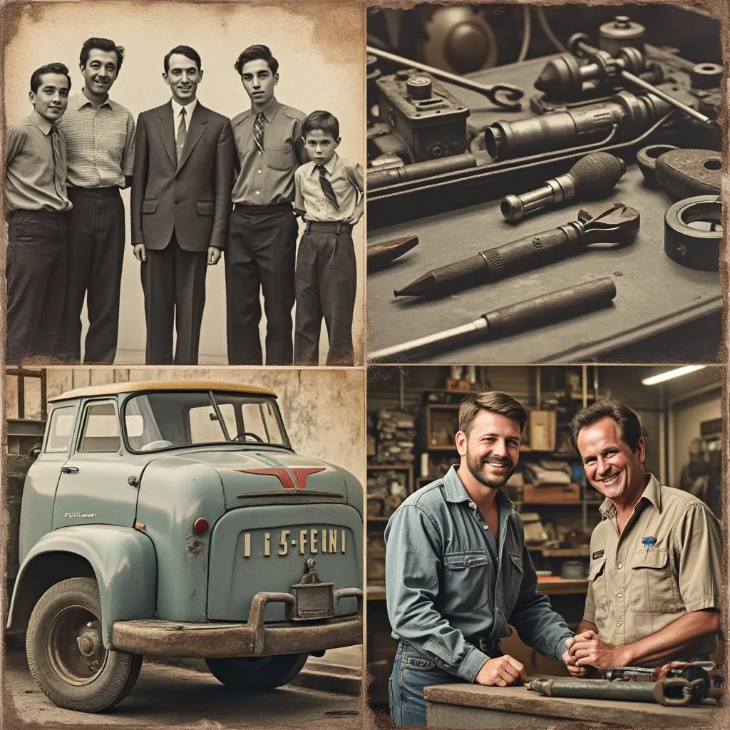 Koláž historických fotografií firmy a technikov pri práci
